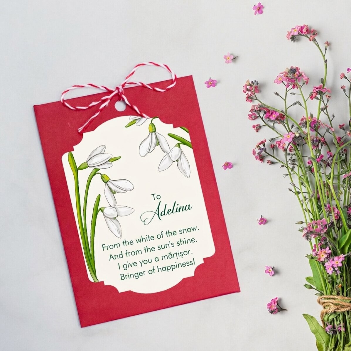 Personalised plantable Martisor with message for colleagues - Snowdrops