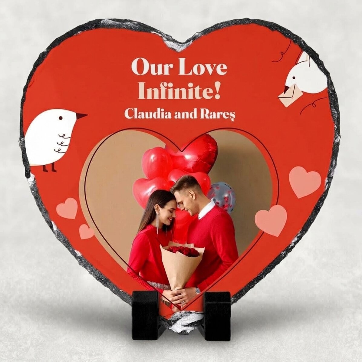 Heart-shaped slate personalised with a photo and text - Our infinite love