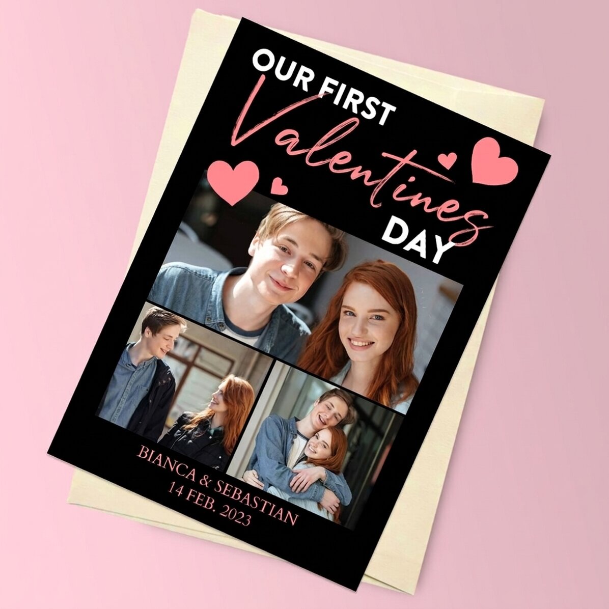 Personalised magnetic greeting card with 3 photos and message - Valentine