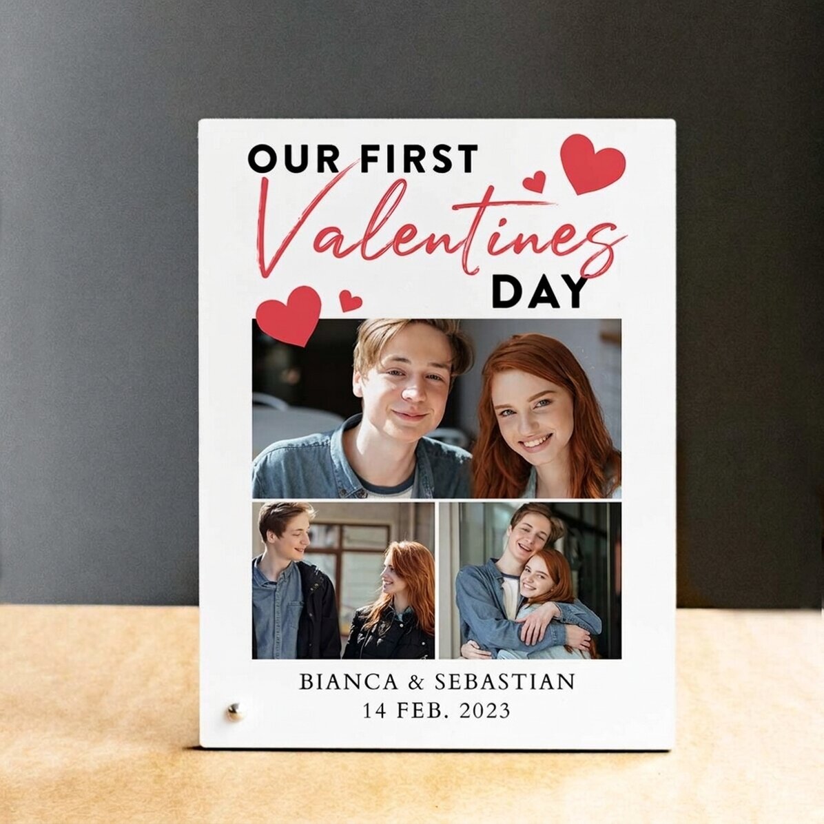 Personalised desk photo frame with 3 photos and message - I love you