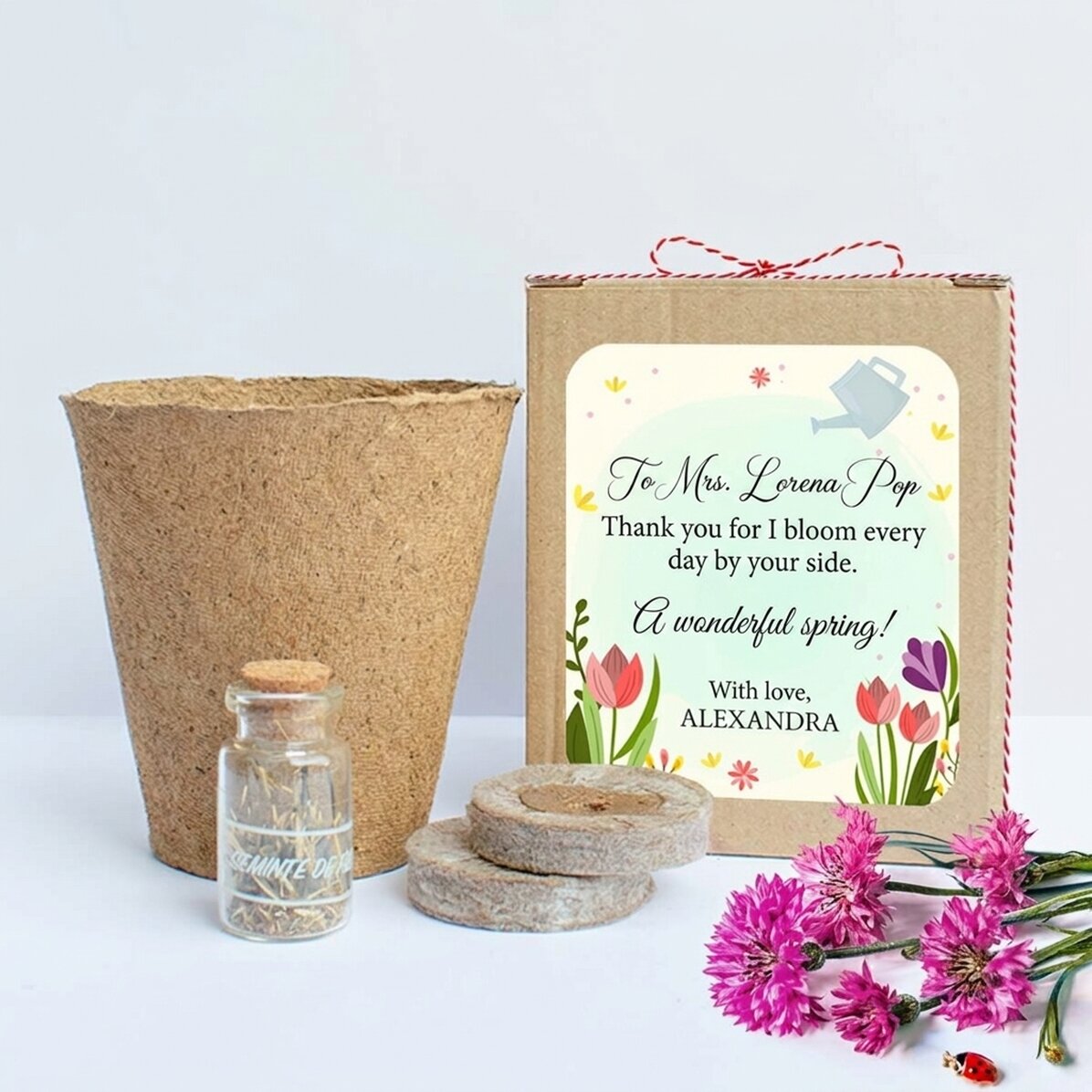 Spring flower planting kit in a personalised box with a message for the teacher