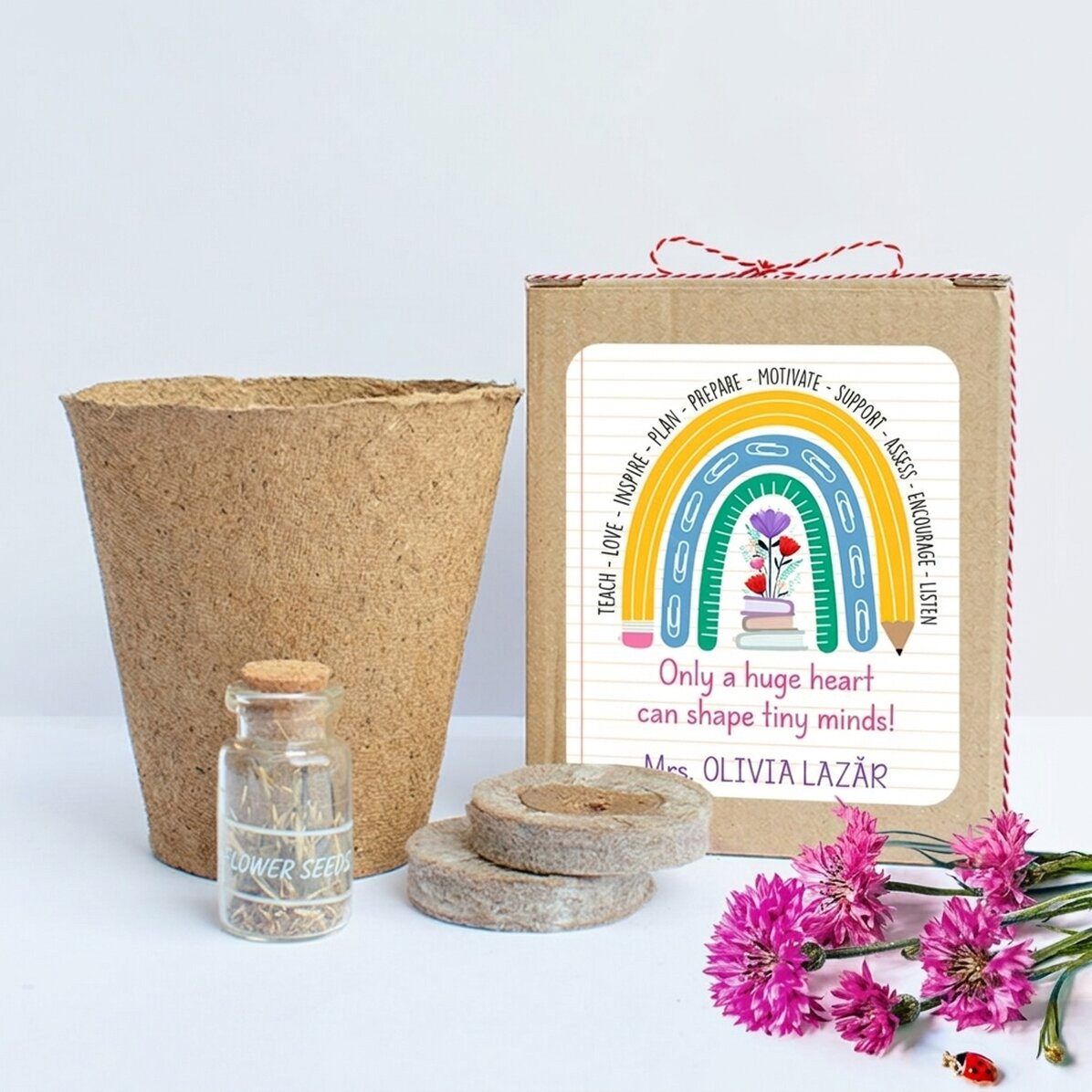 Spring flower planting kit in a personalised box with a message for teachers