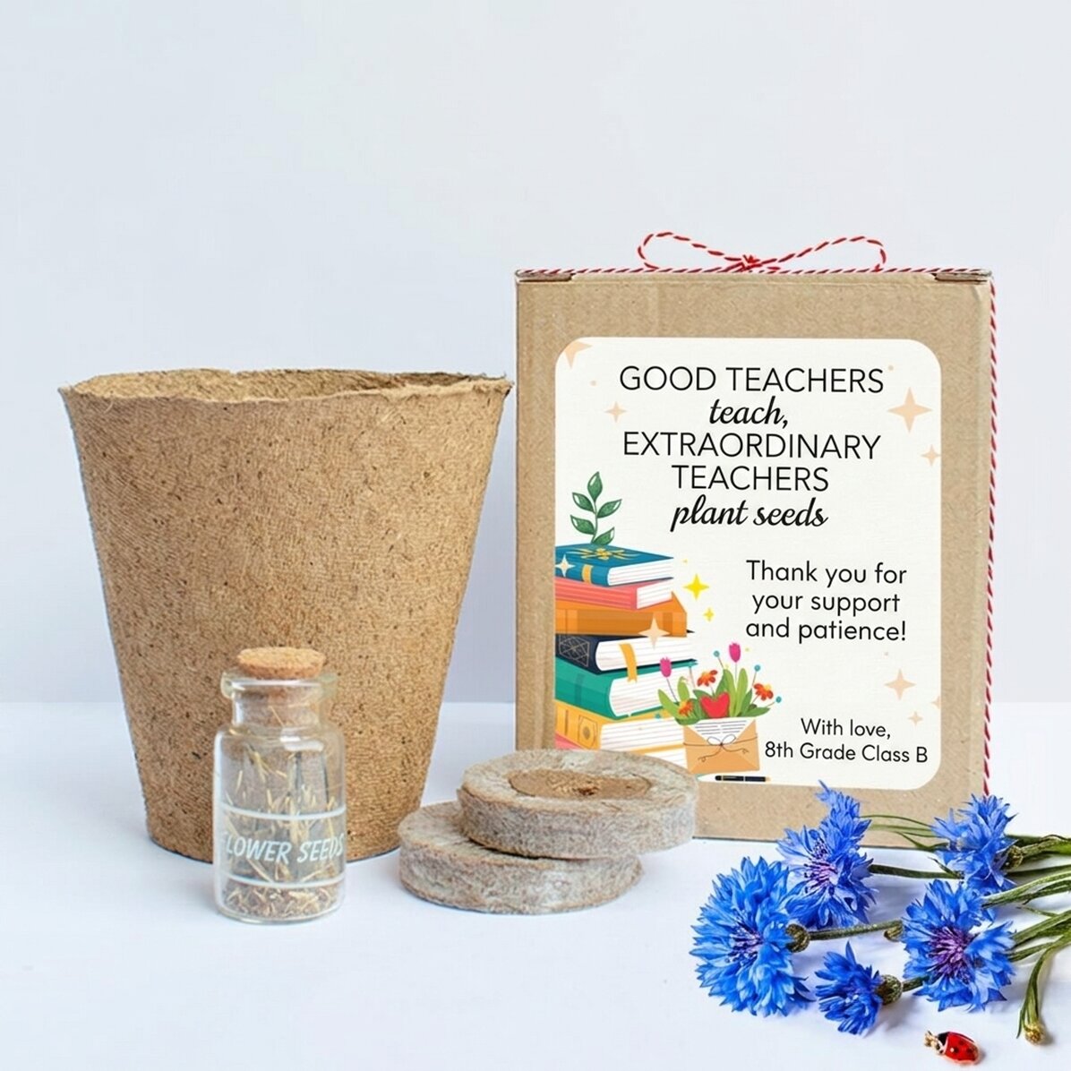 Spring flower planting kit in a personalised box with a message for the teacher - Books