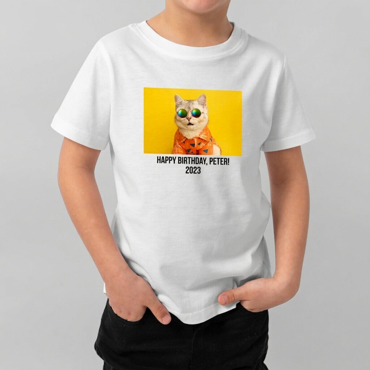 Customised cotton T-shirt for children with a landscape photo and text