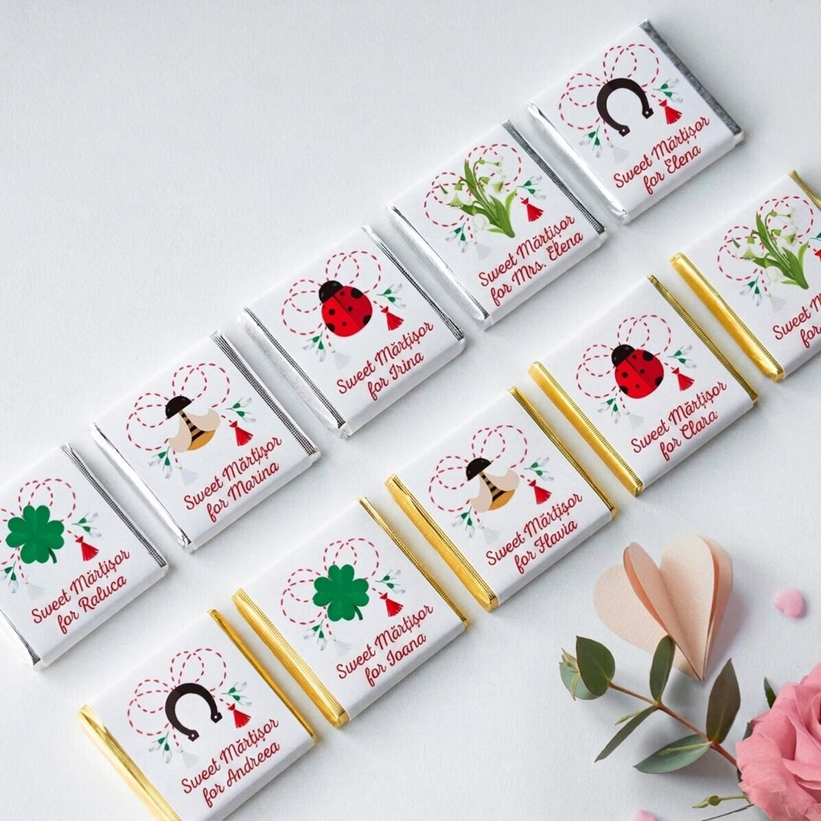 Set of 10 mini chocolates personalised with names