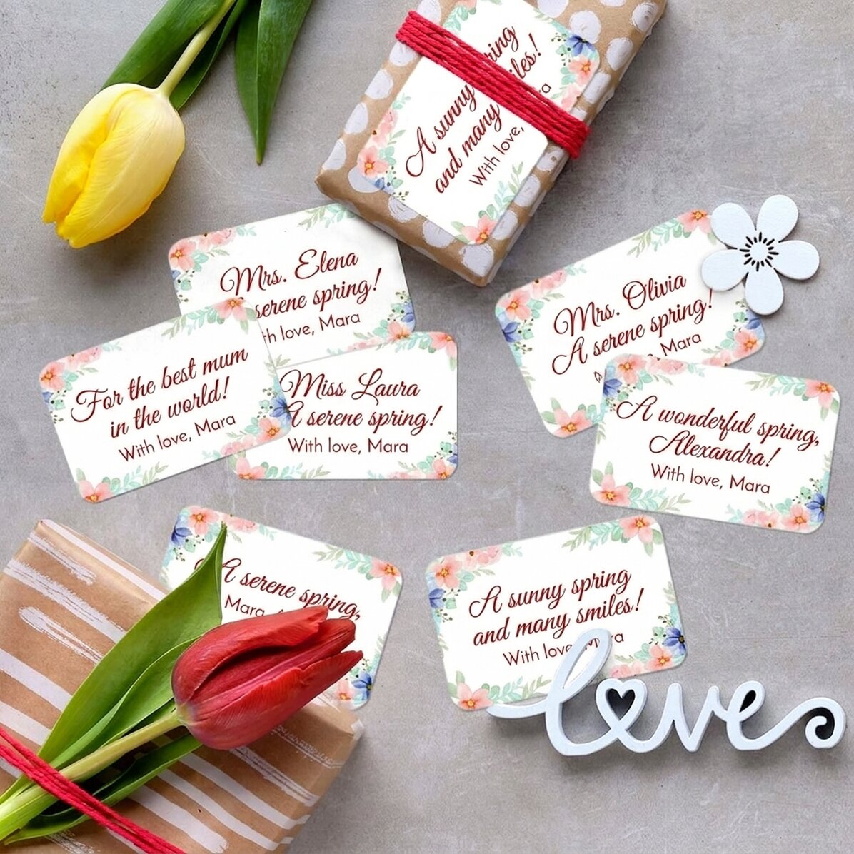 Set of 8 stickers (self-adhesive labels) personalised with messages - Floral