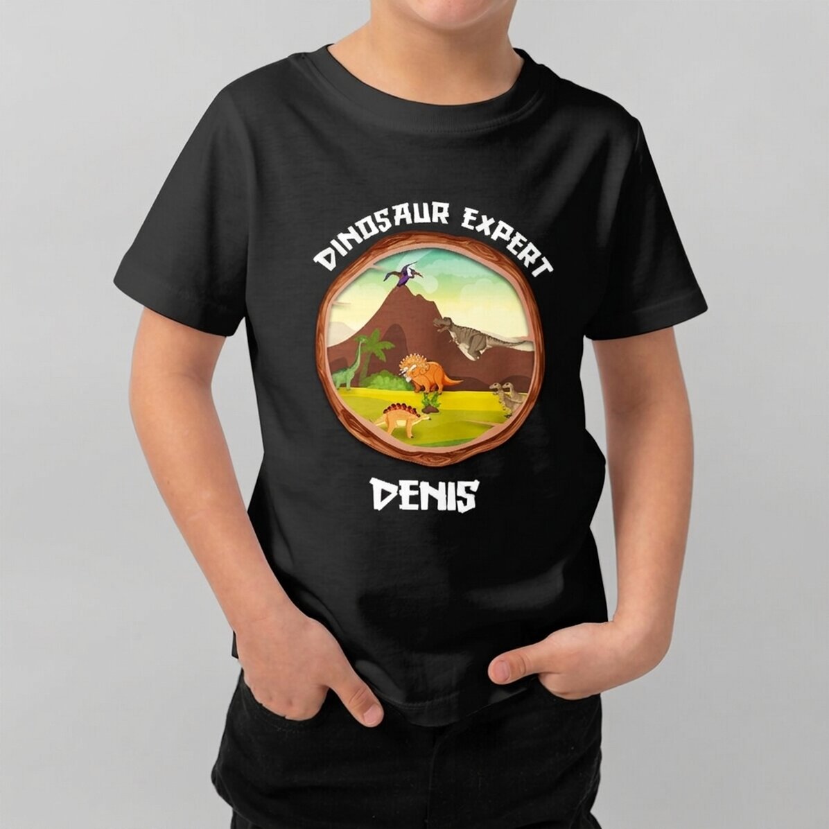 Customised cotton T-shirt for children with text - Dinosaur expert