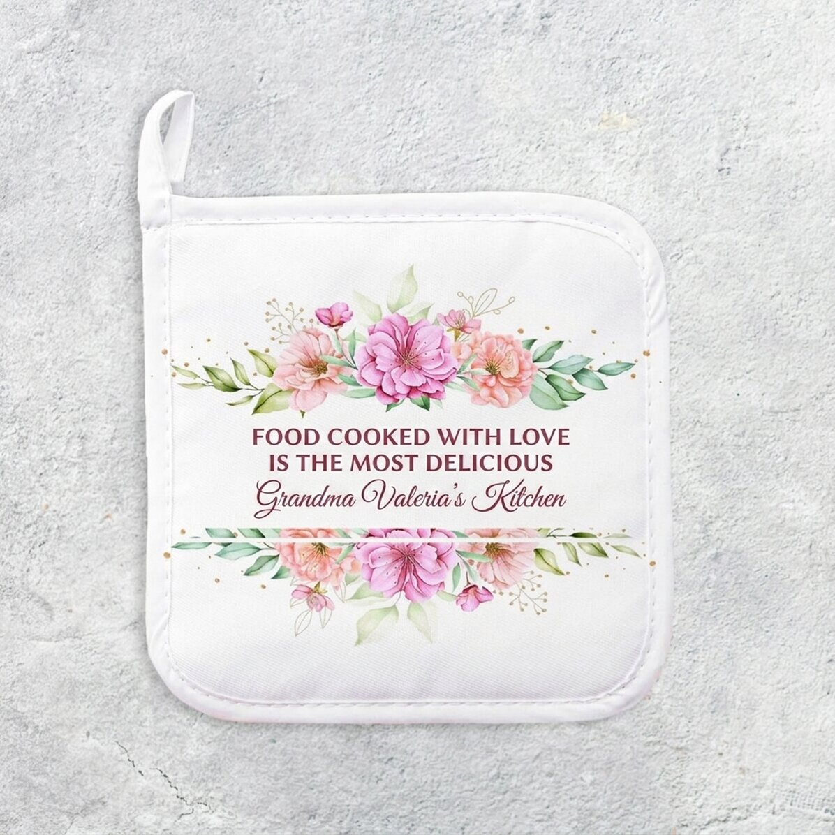 Personalised hot pot holder with text - floral pattern