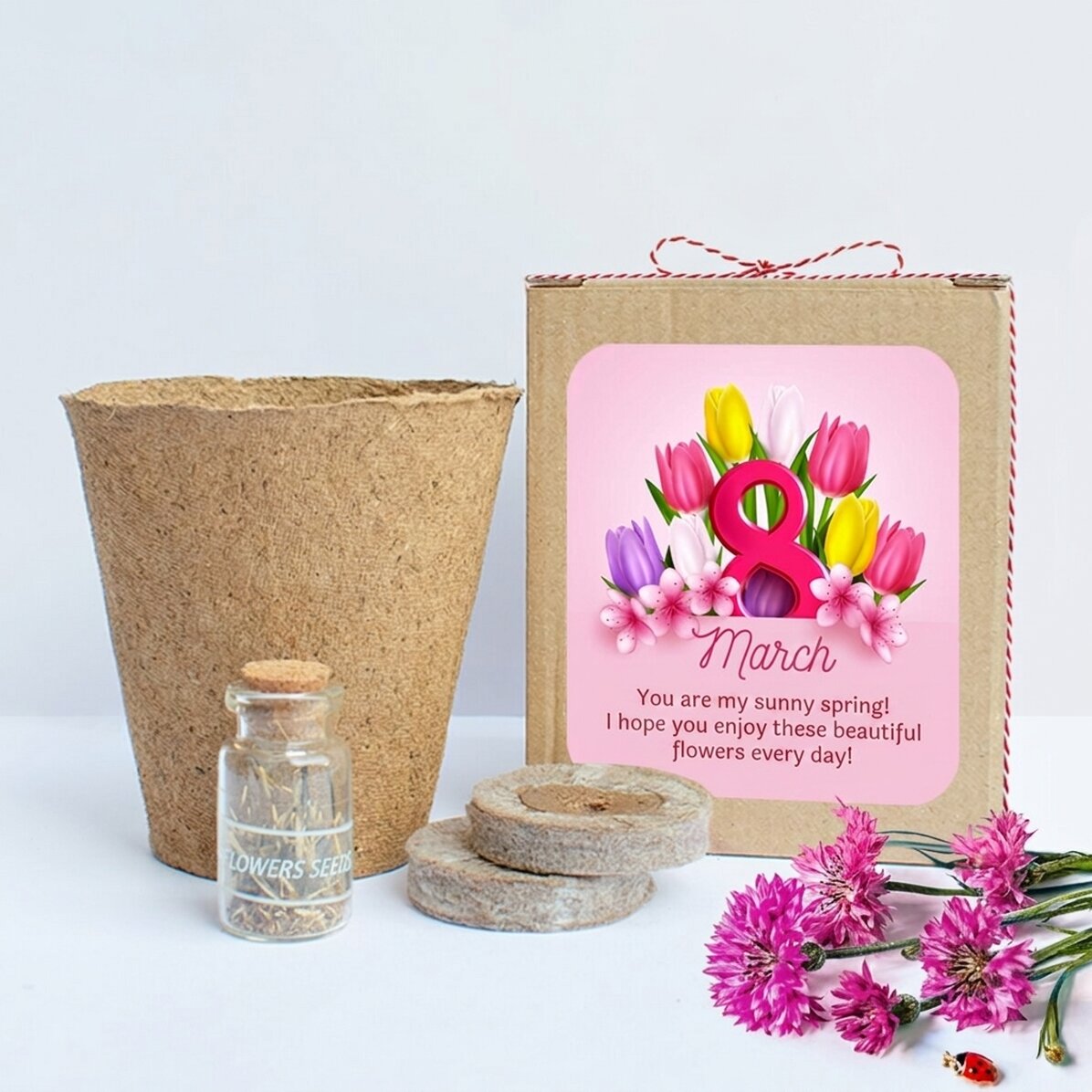 Spring flower planting kit in a personalised box with a message for 8 March