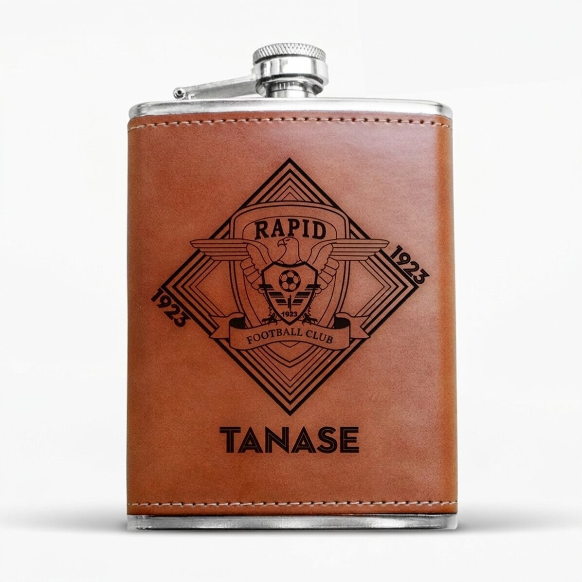 FC Rapid pocket flask covered in leather and personalised with text - FC Rapid 1923