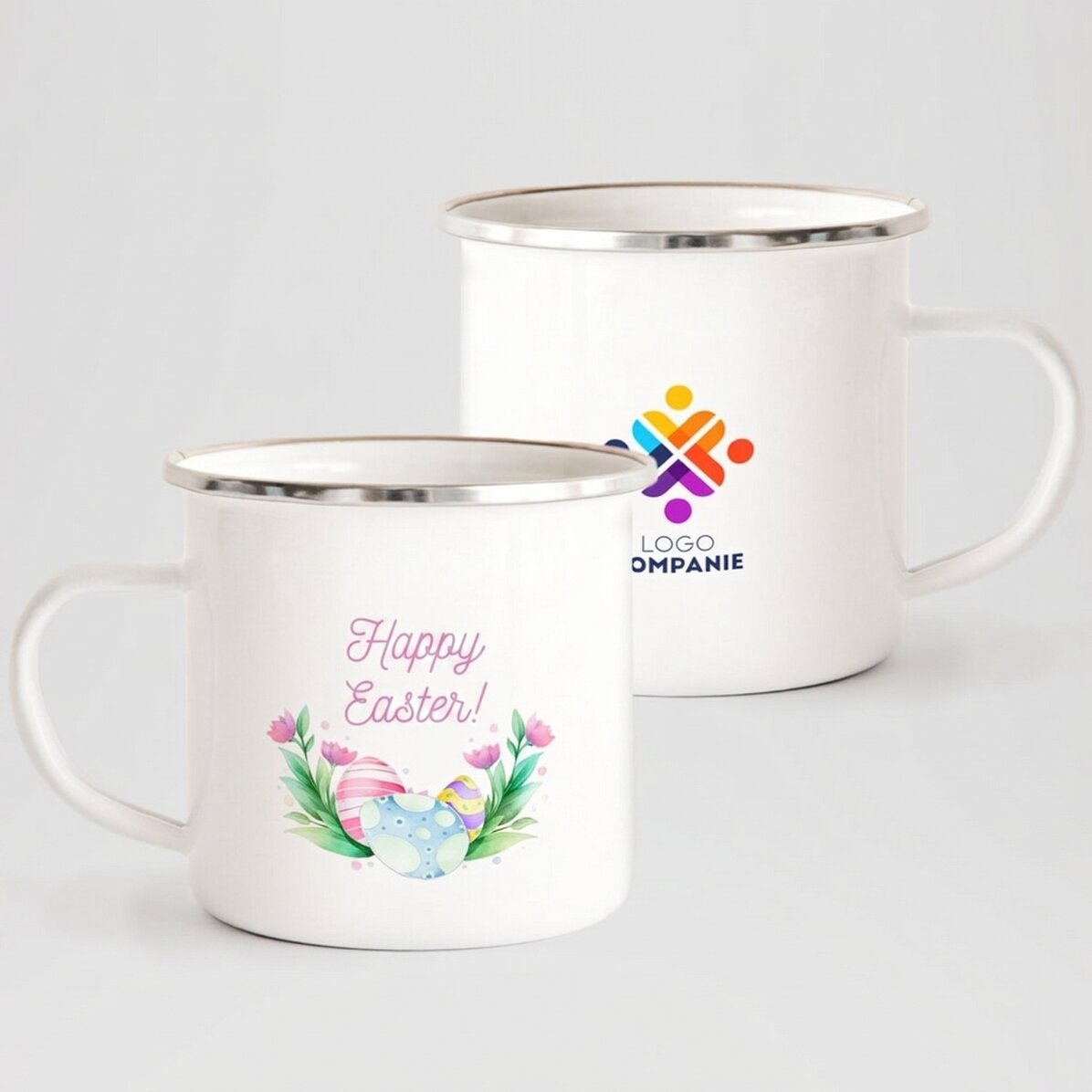 Personalised enamel metal mug with logo and text - Happy Easter!