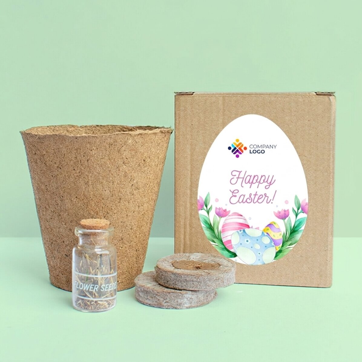 Flower planting kit in a customised box with logo and text - Happy Easter!