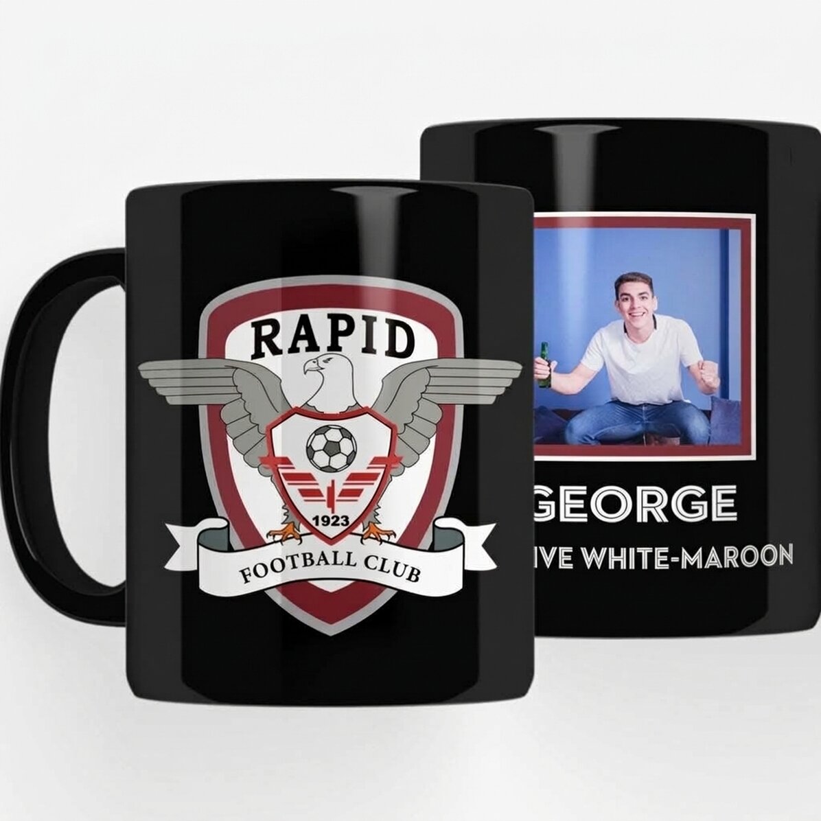 FC Rapid black mug personalised with photo and text - White and purple love