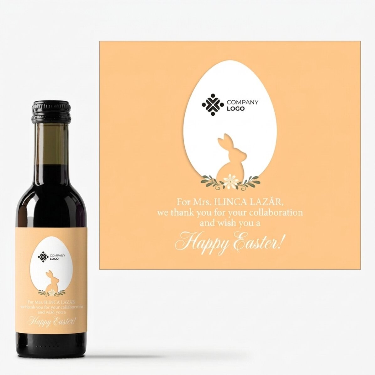 Mini wine bottle personalised with text and logo - Happy Easter