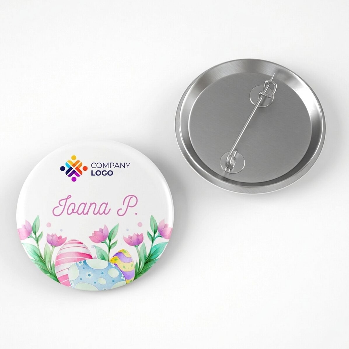 Personalised badge with logo and name - Happy Easter!