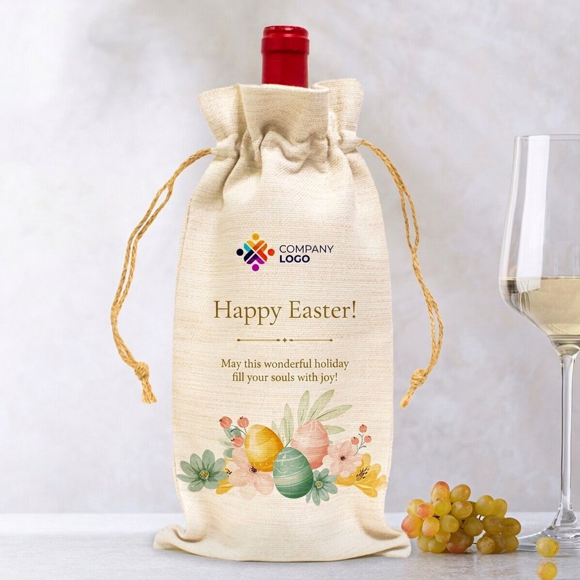 Personalised wine bottle bag with logo and message - Happy Easter!