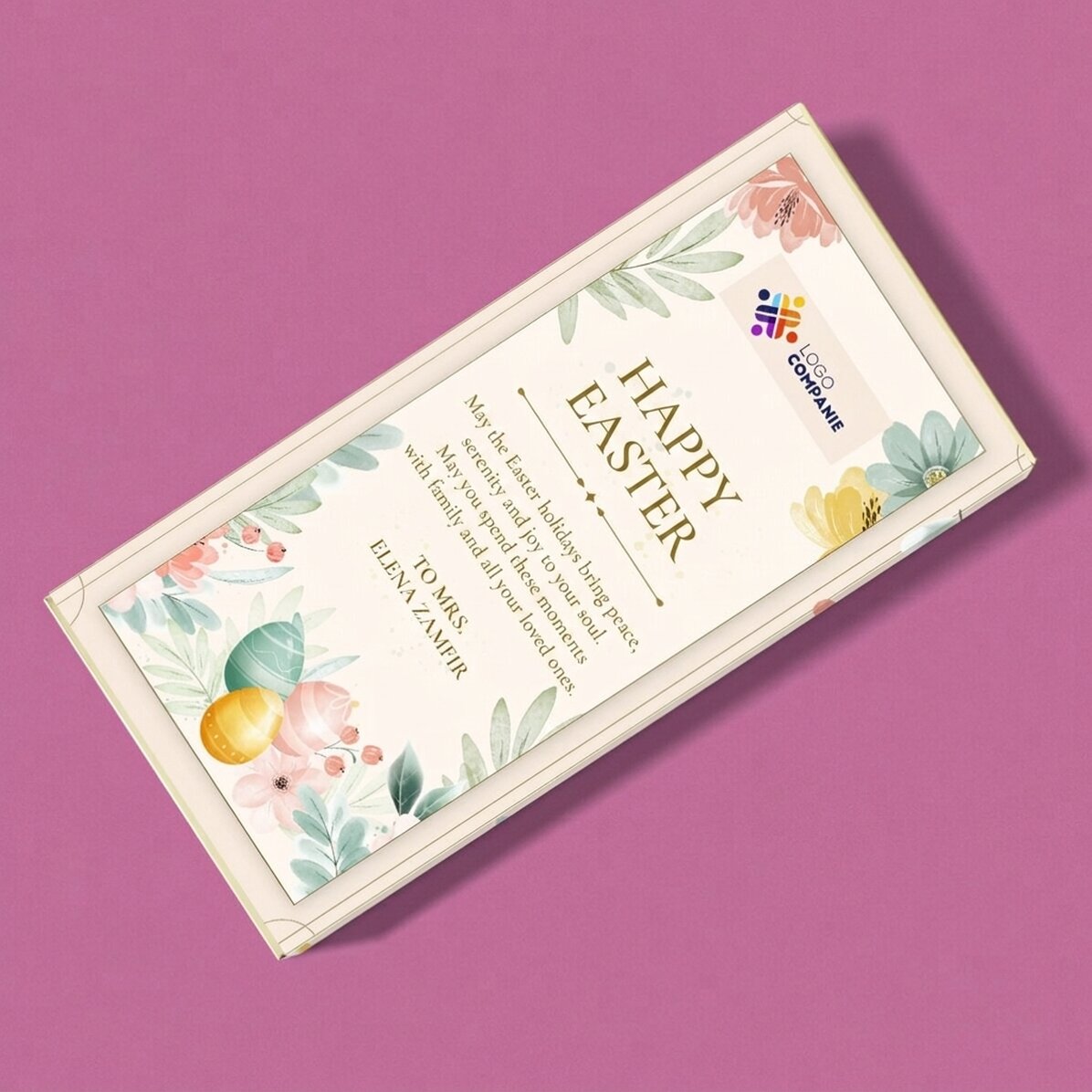 Personalised chocolate with logo and Easter message