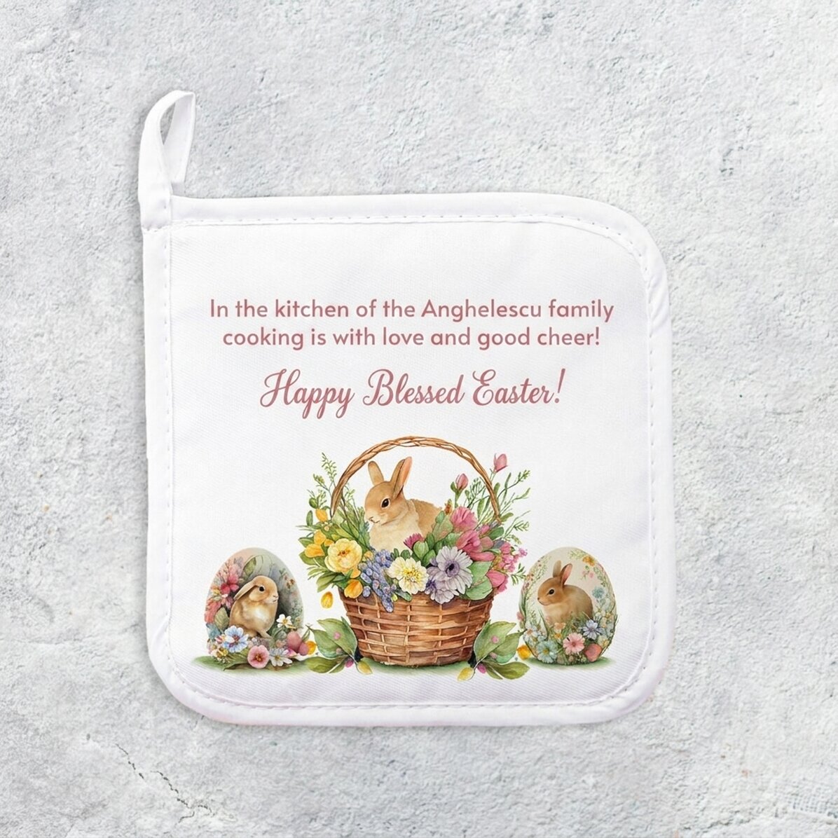 Personalised hot pot holder with text - Easter bunnies