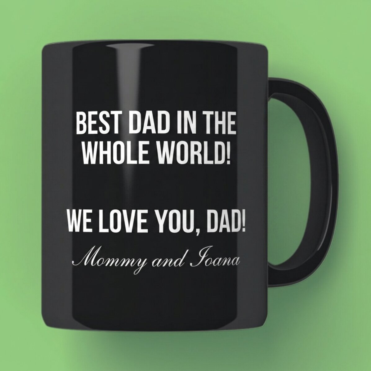 Personalised black mug with text