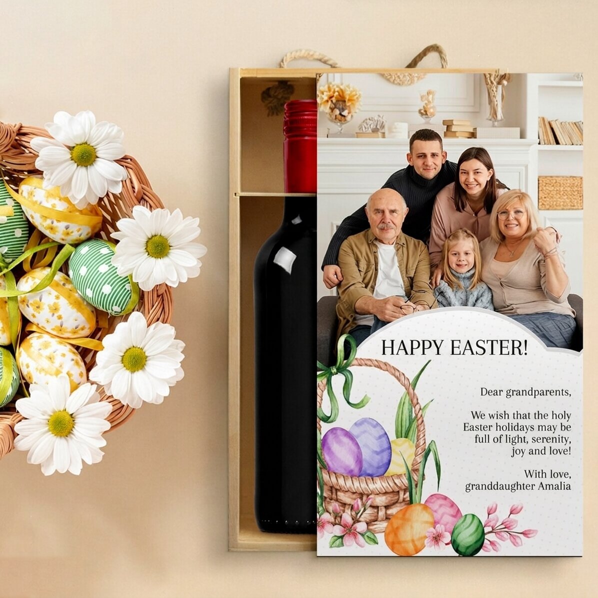 Wine box for 2 bottles personalised with a photo and Easter message