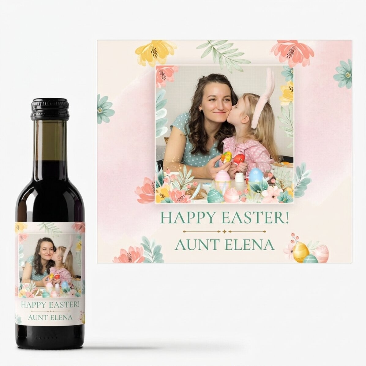 Personalised mini wine bottle with photo and text - Happy Easter
