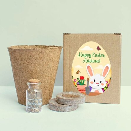 Flower planting kit in a personalised box with text for children - Easter