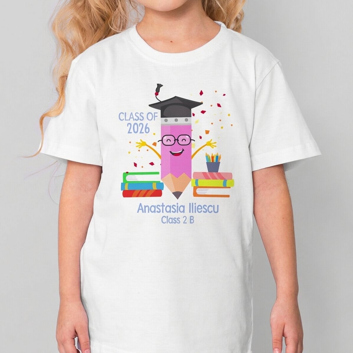 Customised cotton T-shirt for children with text - Graduate pencil