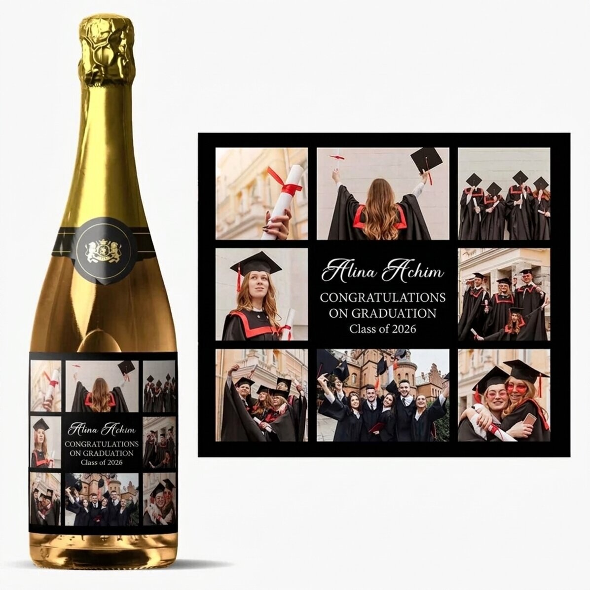 Personalised sparkling wine with 8 photos and message