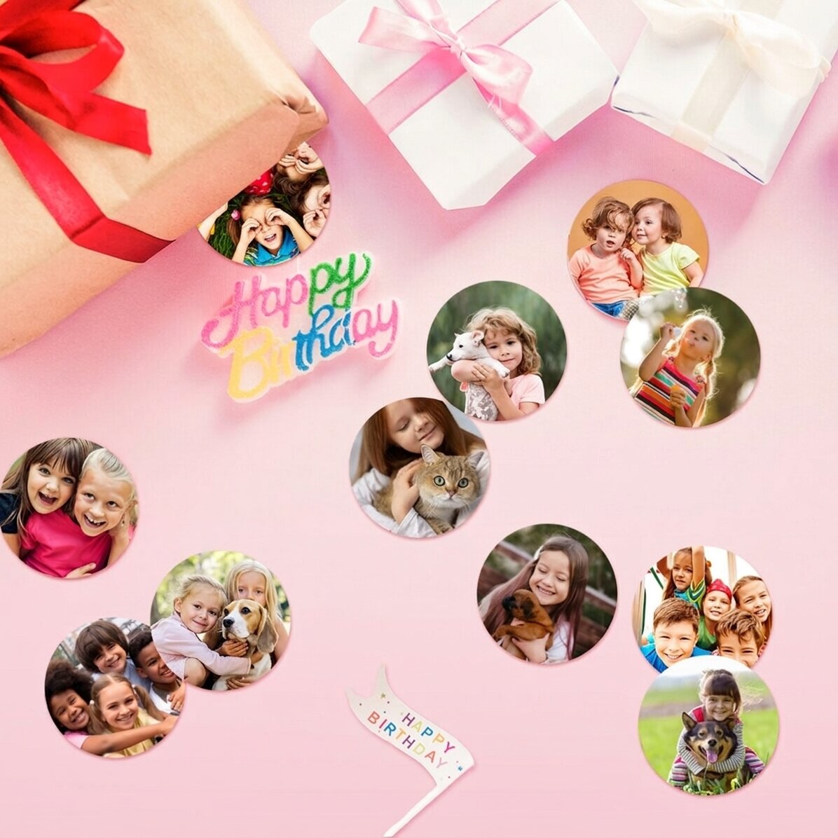 Set of 12 round customised stickers (self-adhesive labels) with photos