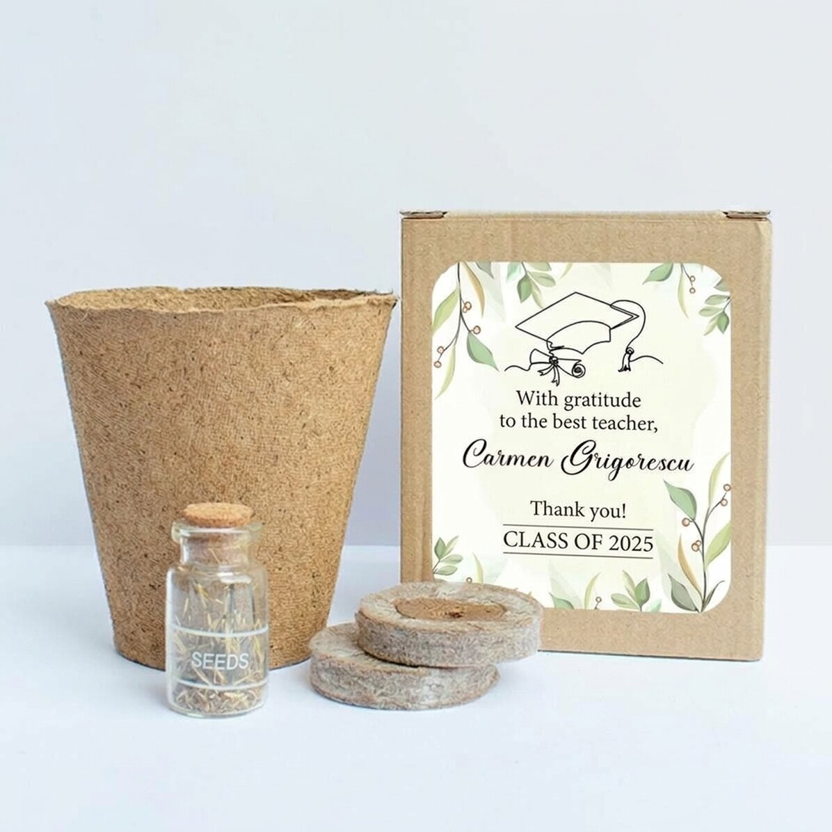 Flower planting kit in a personalised box with a message for teachers - graduation model