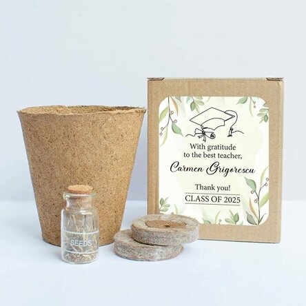 Flower planting kit in a personalised box with a message for teachers - graduation model