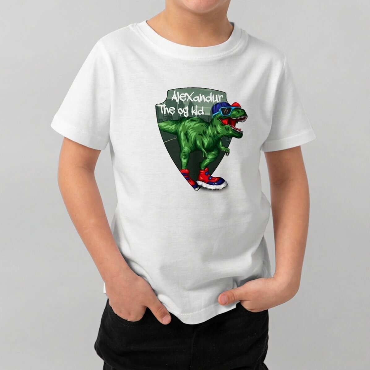Customised cotton T-shirt for children with text - Cool dinosaur