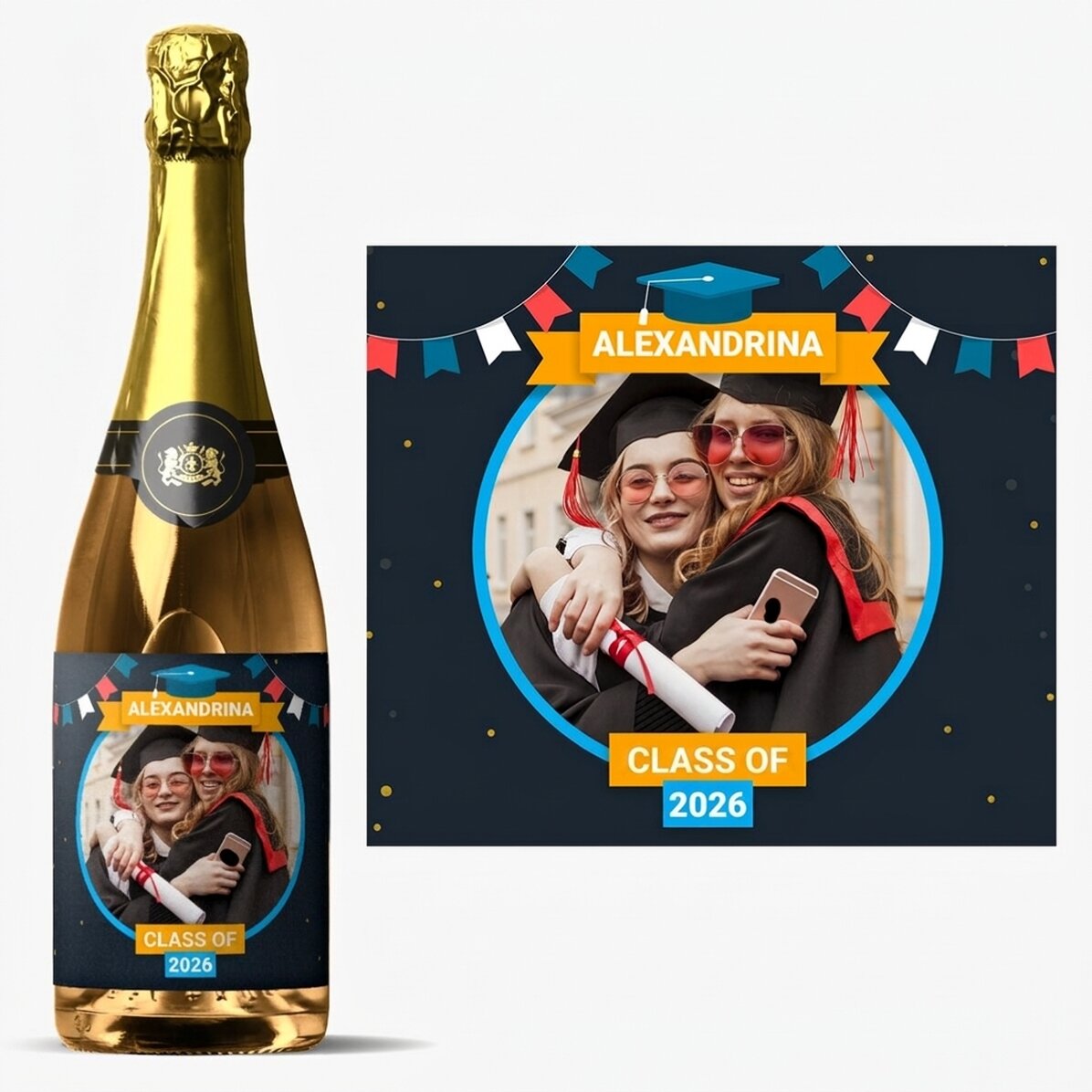 Personalised sparkling wine with text and photo for graduation