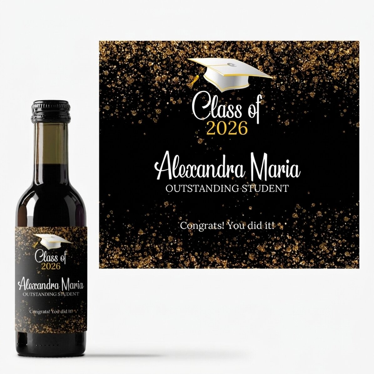 Mini wine bottle for graduation, personalised with text - Outstanding student