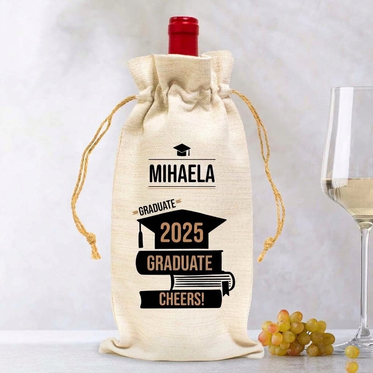 Wine bottle bag, personalised with a message for graduates