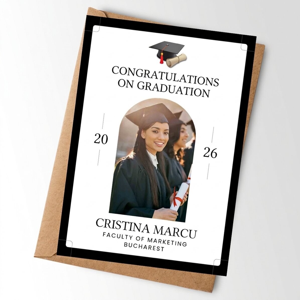 Personalised card with a photo and text for graduation