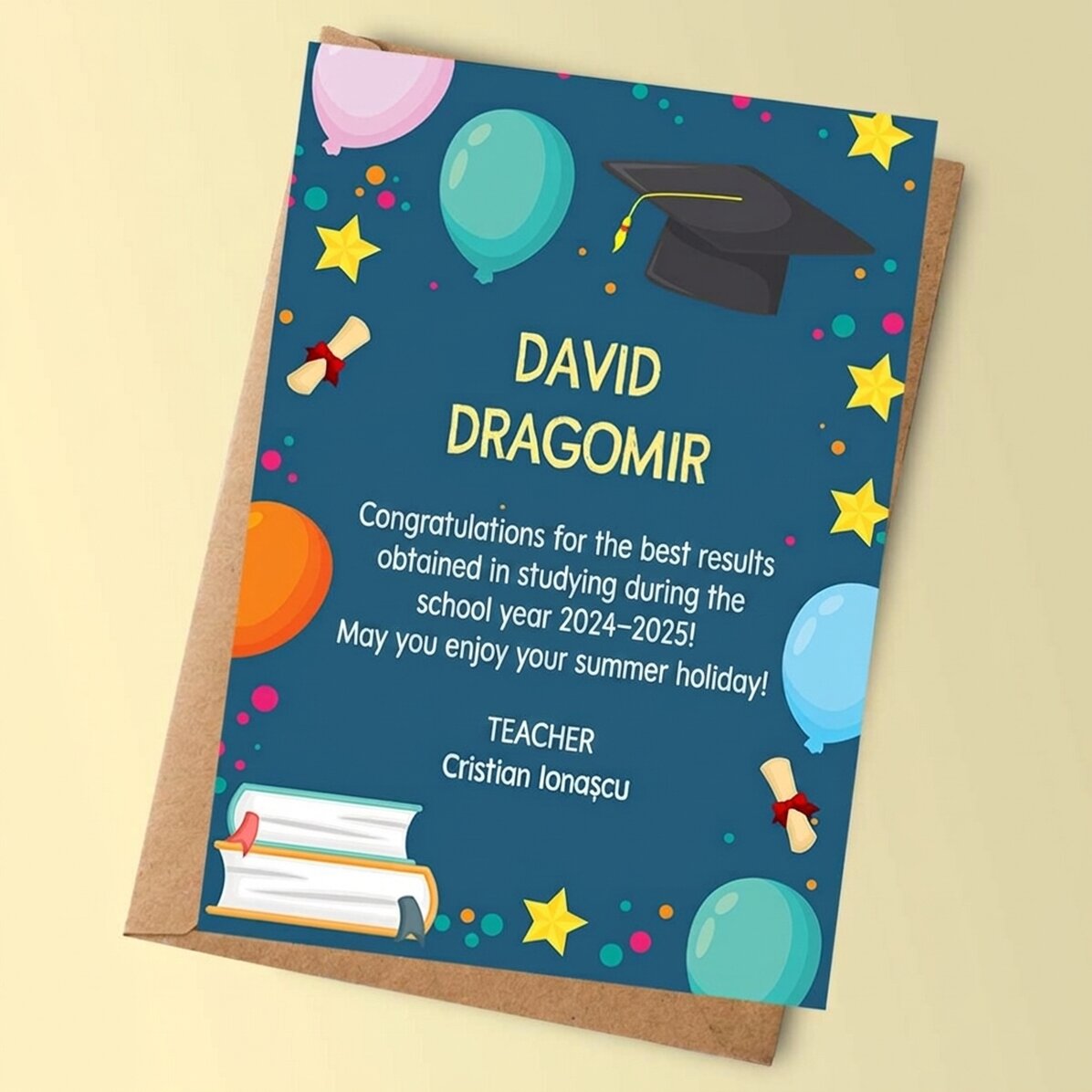 Personalised card with message for children - End of school year