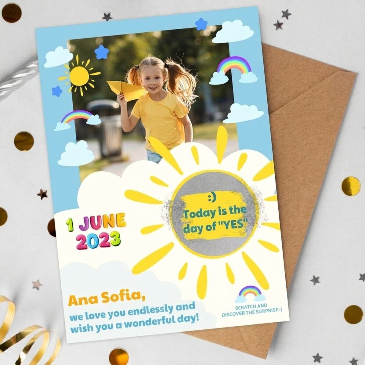 Personalised scratch card with photo and message for children on 1 June