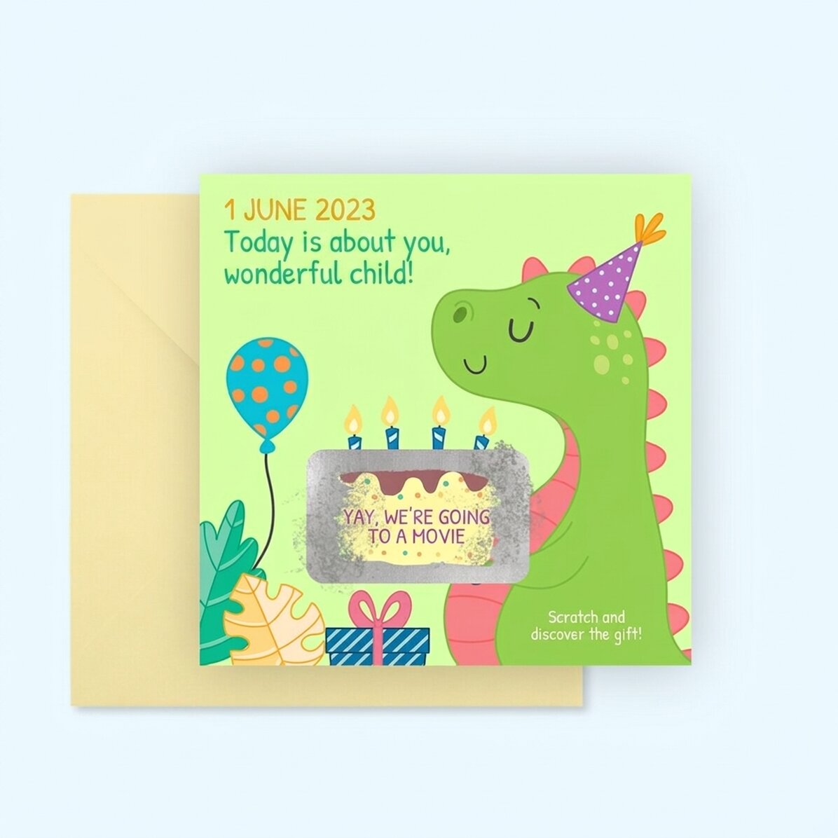 Personalised scratch card with message for children - Dino