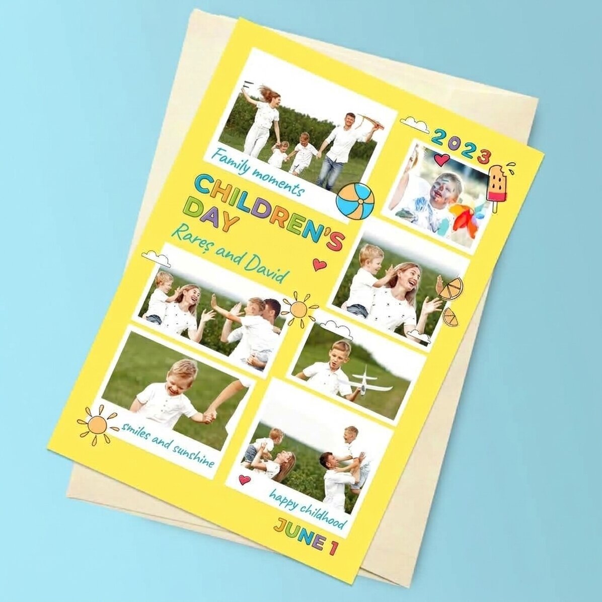Personalised magnetic card with 7 photos and message - Children