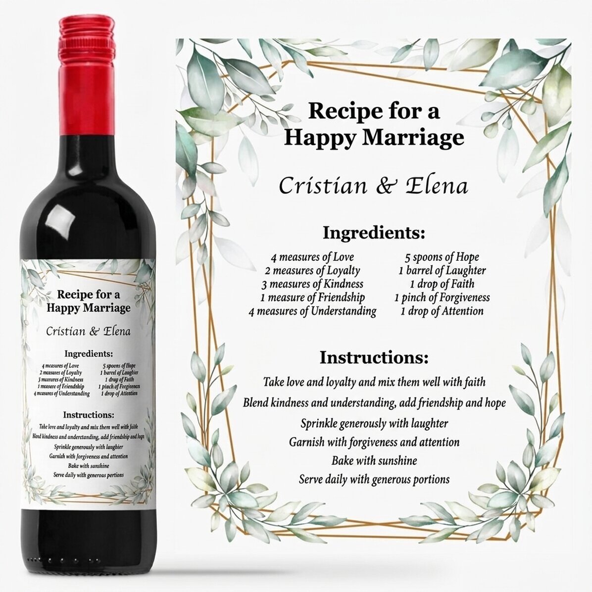 Personalised wine with message - The recipe for a happy marriage