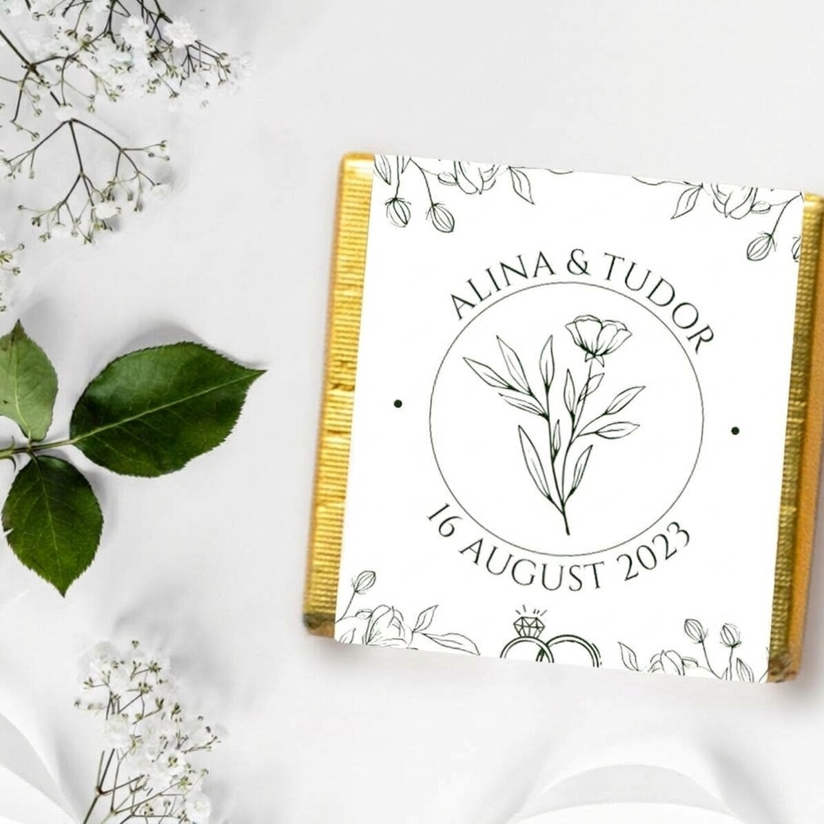 Mini chocolate favour personalised with message - floral design