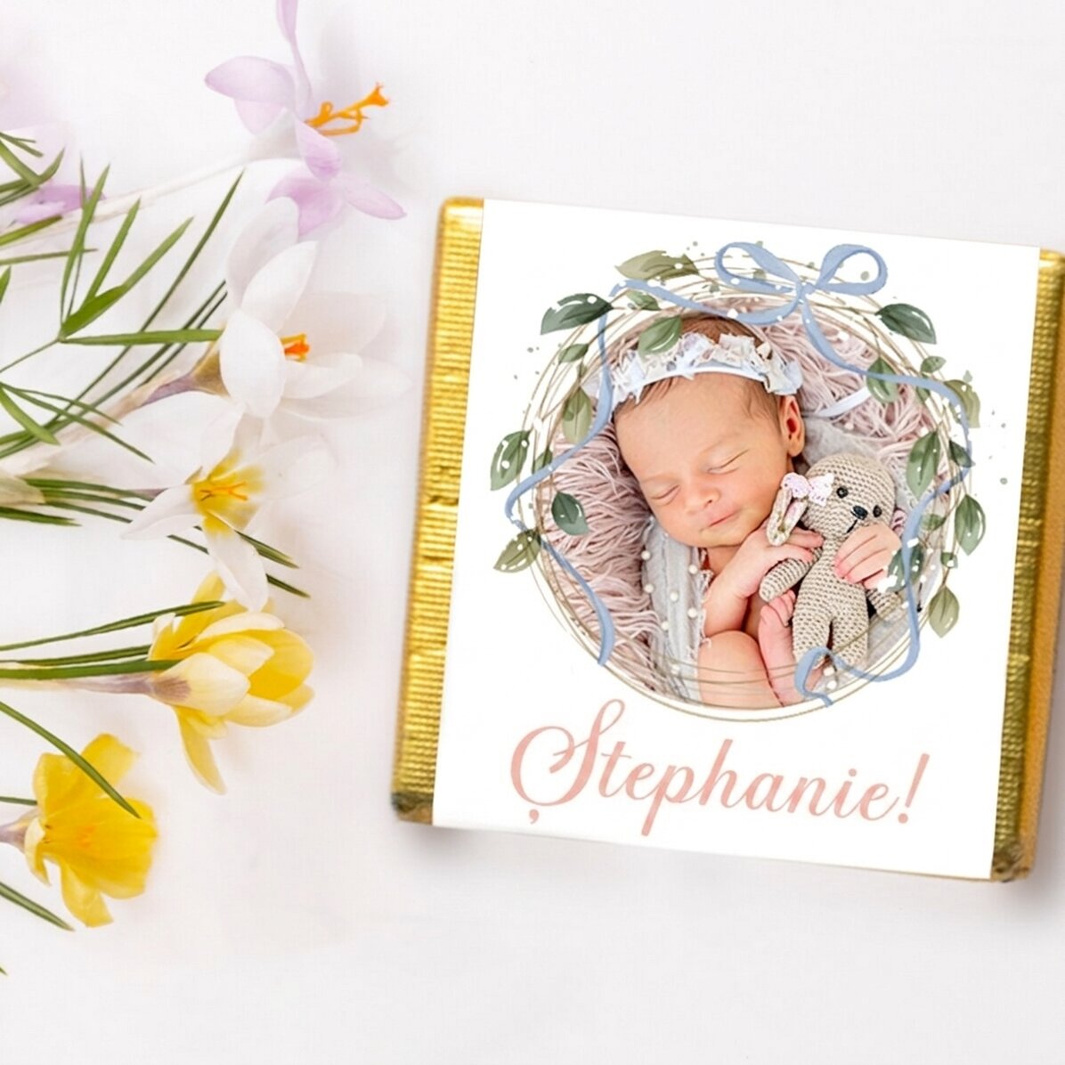 Mini chocolate baptism favour personalised with name and photo