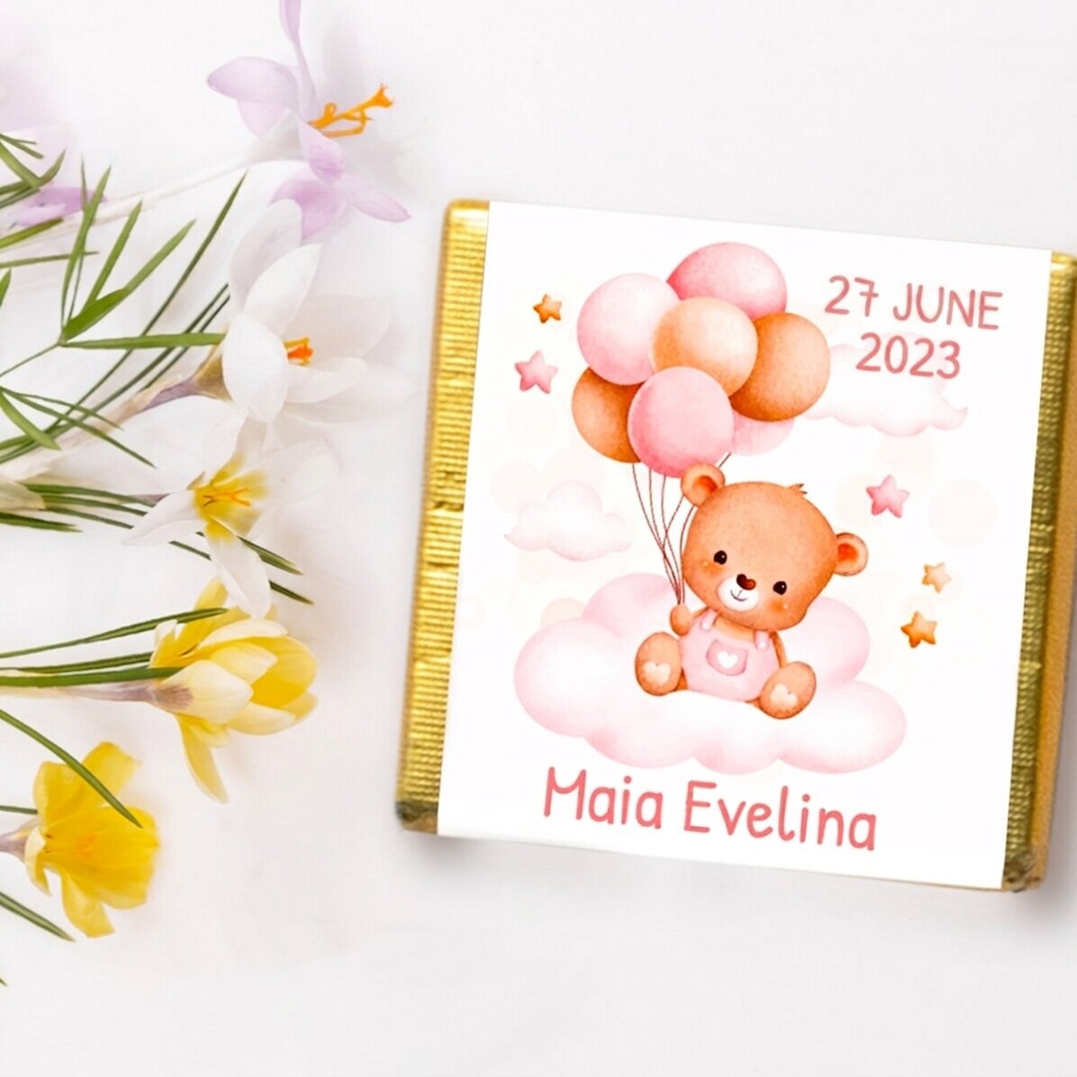 Personalised mini chocolate baptism favour with text - Teddy bears