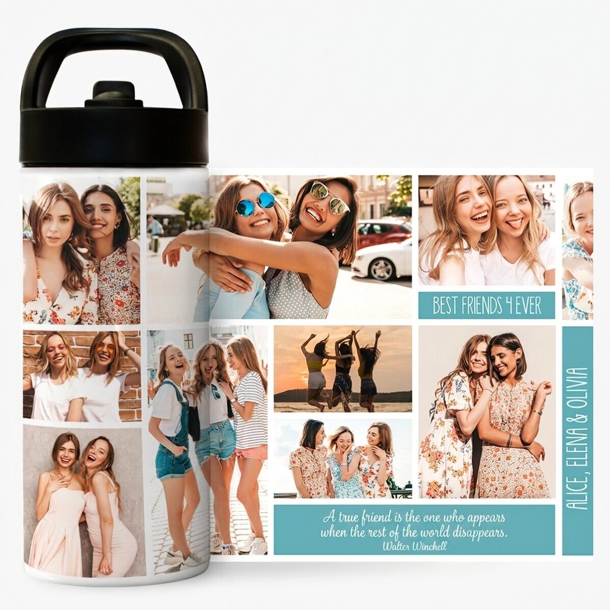 Thermos with handle and straw, personalised with a collage of photos and text
