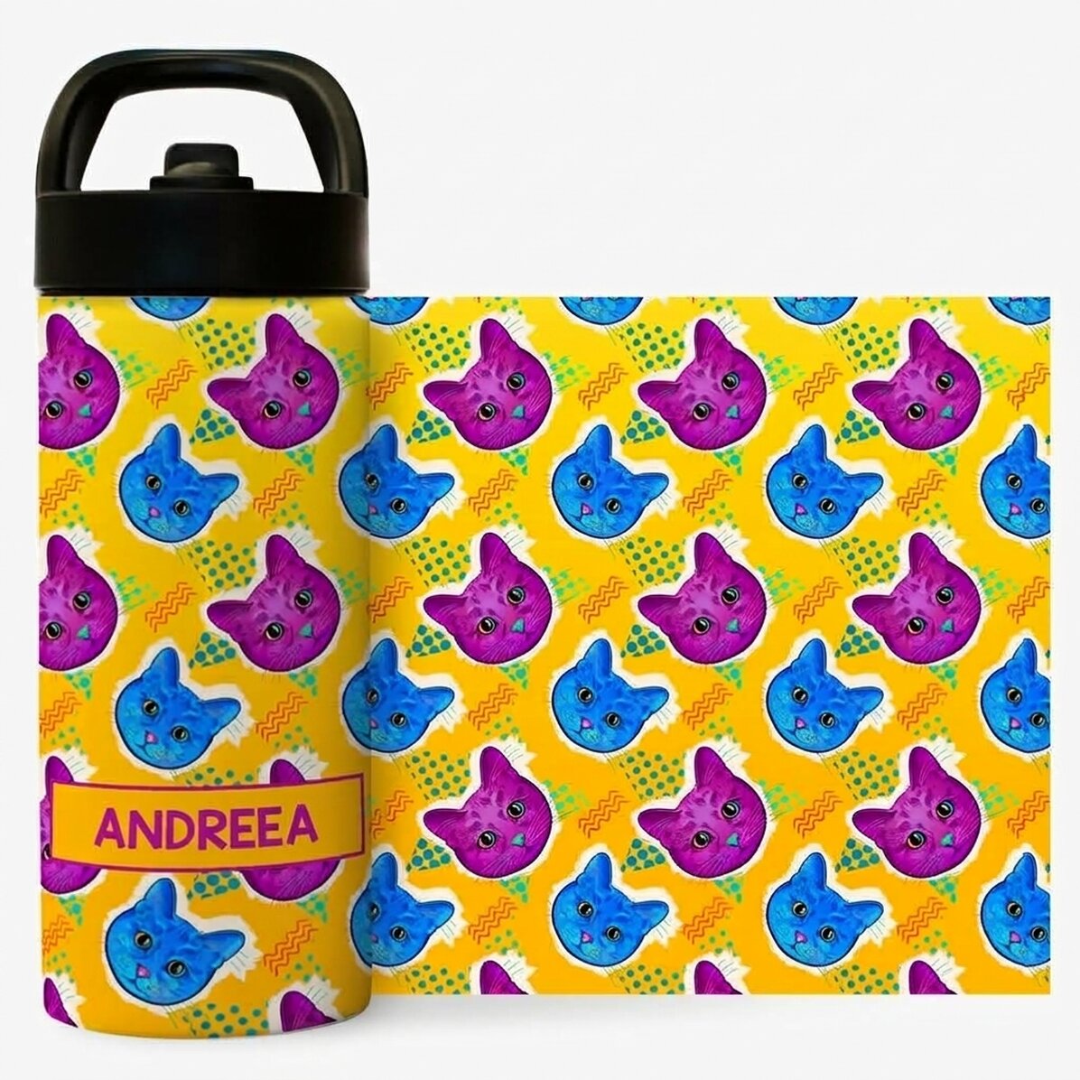 Thermos with handle and straw personalised with name - Colourful kittens