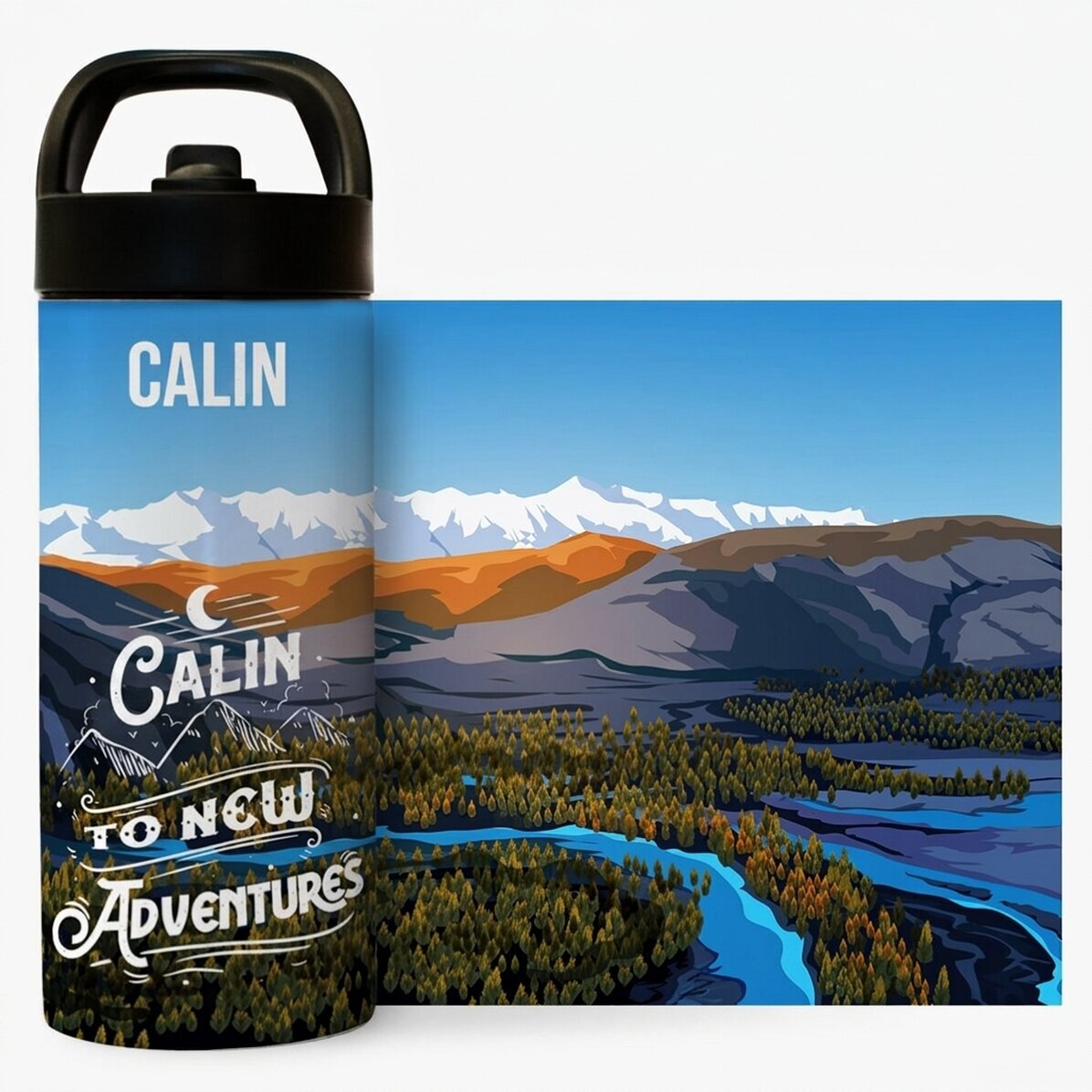 Thermos with handle and straw personalised with name - New adventures