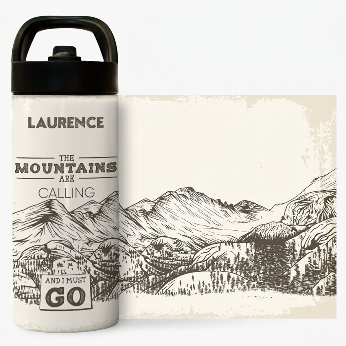 Thermos flask with handle and straw, personalised with name - Mountains are calling