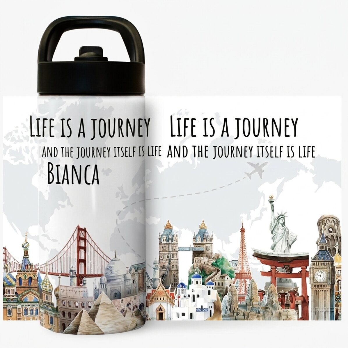 Thermos with handle and straw personalised with name - Travel is life