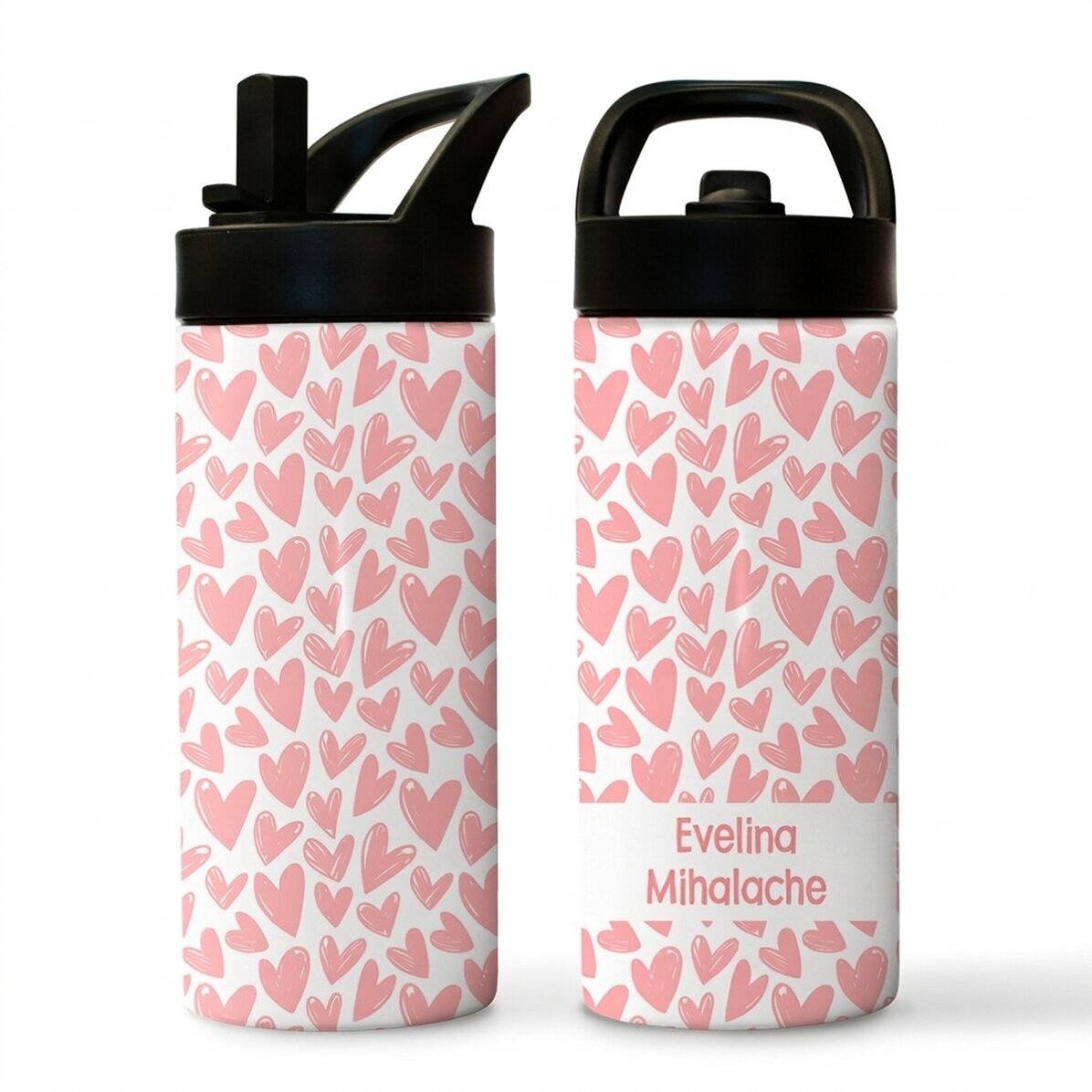 Thermos with handle and straw personalised with name - Hearts